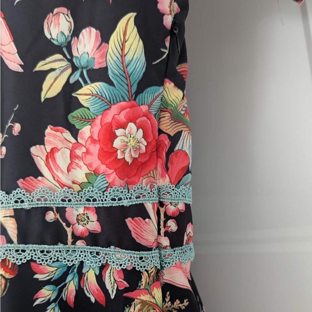 Dalia MacPhee Floral Dress XL Pleated Tie Neck Boho Romantic - Picture 7 of 13